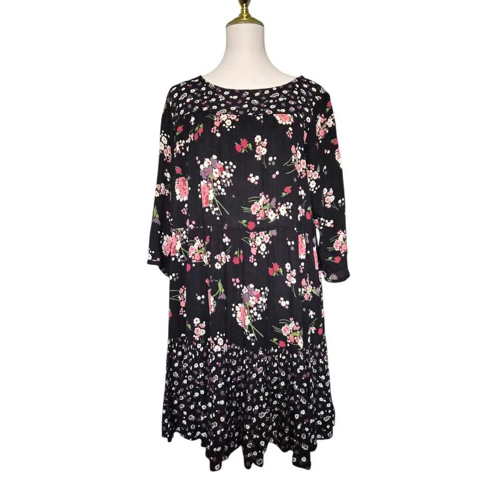 Fat Face Emilie Spring Floral Black 3/4 Sleeve Smock Tunic Dress size 10 38